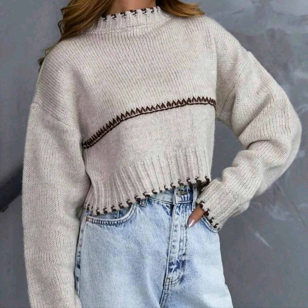 Women Contrast Trim Premium Quality Brushed Yarn Cozy And Warm Sweater - Picture 3 of 4